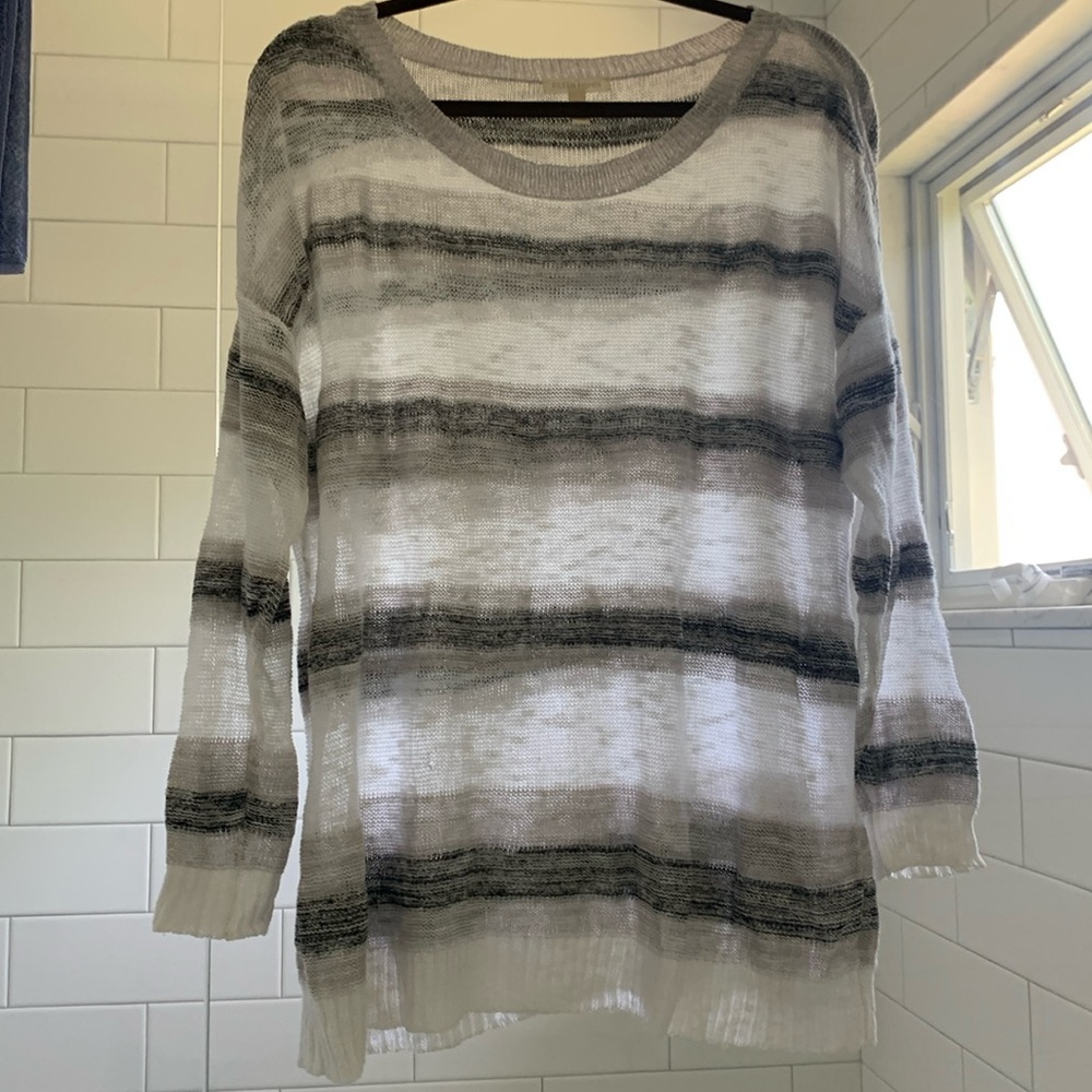 Eileen Fisher Linen Blend Gray White Striped Lightweight Sweater-NFSdo not buy.